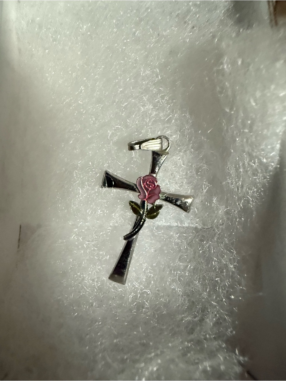 Silver Cross Necklace Pendant with Pink Rose Accent